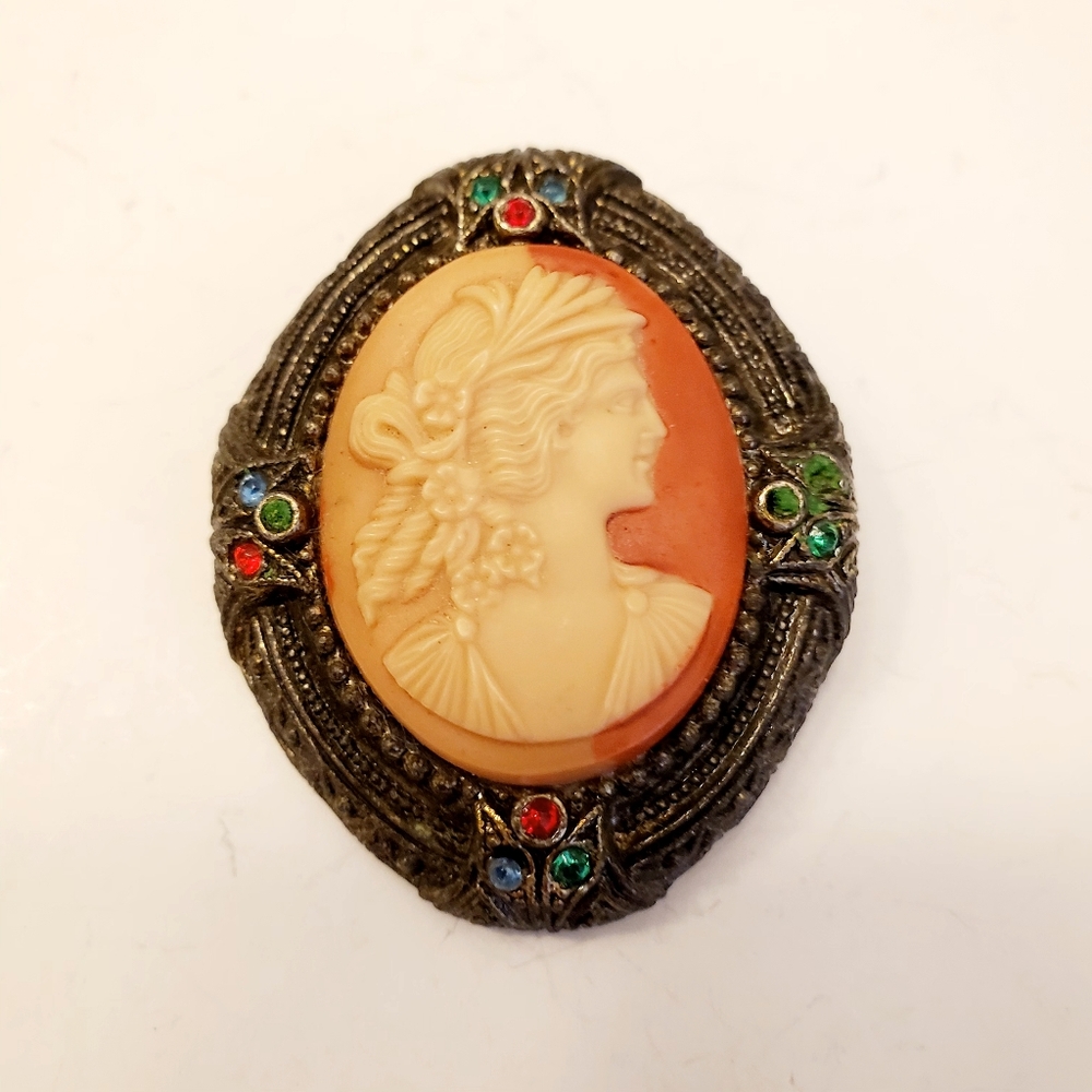 Vintage 1930's Cameo Brooch with Multicolor Rhinestone Accents, 1.75 In